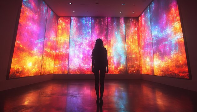 Woman observing vibrant cosmic nebulae art in a dark gallery