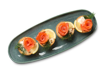 Tasty tartlets with delicious filling isolated on white, top view