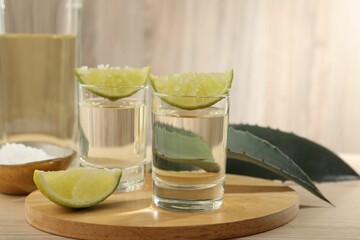 Tequila shots with lime slices, salt and agave leaves on wooden table
