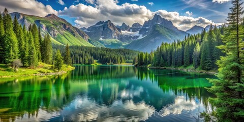 Lush Alpine landscape with a serene lake surrounded by dense evergreen forest and towering mountains in the background, bavaria