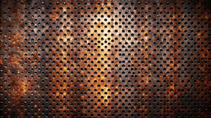 Dark metallic grunge texture with perforations and rust spots, black metal background texture
