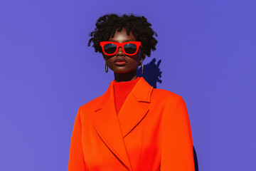 Stylish woman with red sunglasses and orange blazer against a purple wall