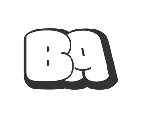 BA logo, bubble comic lettering, rounded in graffiti style black and white silhouette. Trendy preschool B and A letter text for festival party, personal initials, children funky print and web.