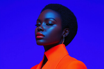 Portrait of a woman with short hair and red lips against a blue background