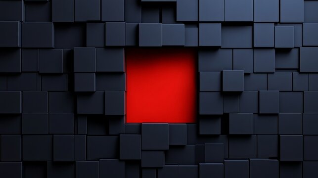 Fototapeta Abstract Cube Wall with Red Center: A captivating abstract pattern featuring a wall of dark cubes, their irregular arrangement creating depth and visual interest, with a striking red center.