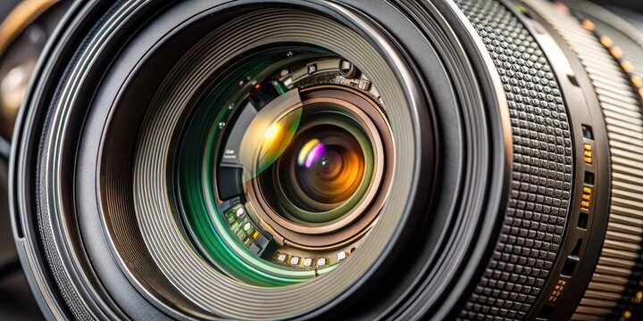 Close-up shot of a professional digital camera zoom lens elements, showcasing intricate details such as glass elements and metal components , optical components, digital camera lenses