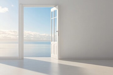 Naklejka premium Open doorway to serene ocean view on sunny day
