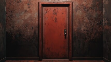 door with a barely visible push bar, set in a corridor with flaking paint and dusty floors, detailed in a dramatic 4K shot
