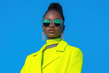 Stylish woman with braided hair wearing sunglasses and neon yellow outfit against a blue background