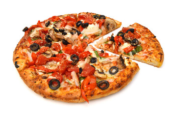 colorful tasty pizza with olives, pepperoni, ham and pepper, close-up shot, isolated on a white background