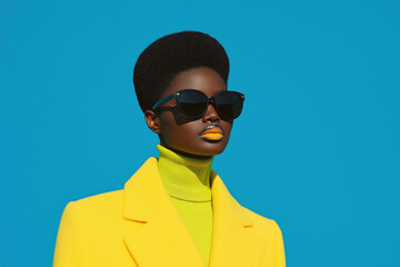 Stylish woman with afro wearing sunglasses and yellow coat against blue background