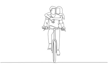 Continuous one line drawing of man riding bike with his girlfriend hugging from behind, couple in love concept, single line art