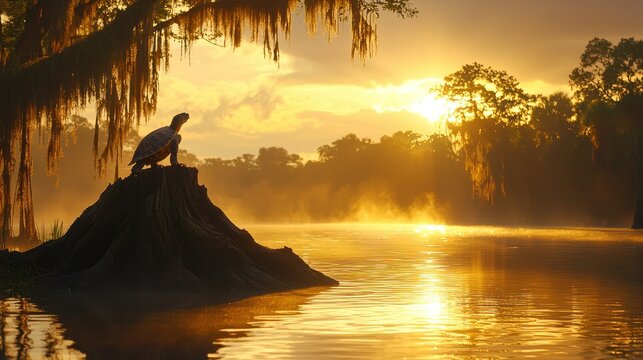 Turtle Sunrise Swamp Mist River Calm.