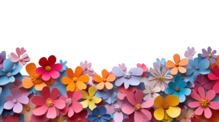 Colorful paper flowers creating a vibrant bottom border on transparent background