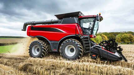 Obraz premium Red Combine Harvester Working in Wheat Field, Harvesting Season, Agricultural Machinery Theme