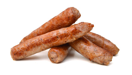 Stack of cooked sausages on white background