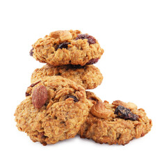 Delicious oatmeal cookies with dried cranberries and nuts isolated on white