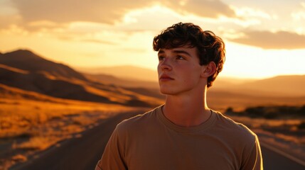 young man contemplating sunset on desert road