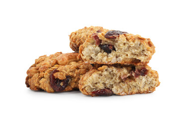 Delicious oatmeal cookies with dried cranberries and nuts isolated on white