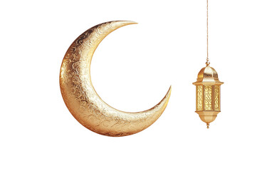 3D rendering of a golden crescent moon and hanging lantern for a Ramadan Kareem banner, with a copy space, isolated on transparent background