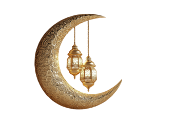 3D rendering of a golden crescent moon and hanging lantern for a Ramadan Kareem banner, with a copy space, isolated on transparent background