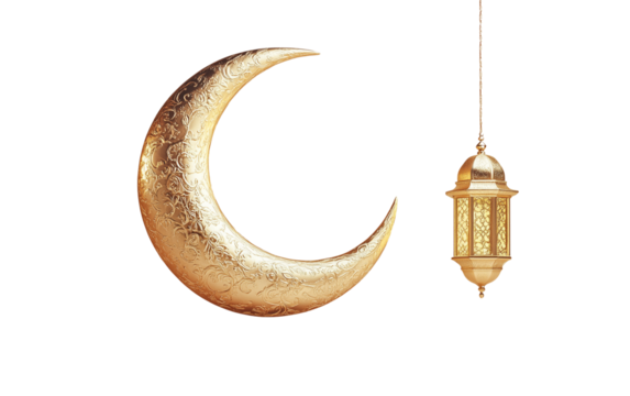 3D rendering of a golden crescent moon and hanging lantern for a Ramadan Kareem banner, with a copy space, isolated on transparent background