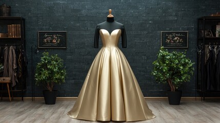 Fototapeta premium Elegant gold satin evening gown displayed on a mannequin in a luxury fashion boutique showroom.
