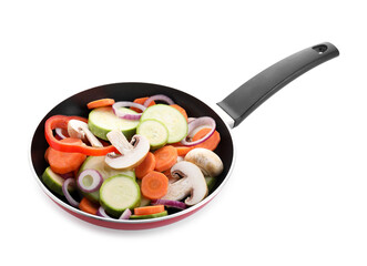 Frying pan with mix of fresh vegetables and mushrooms isolated on white