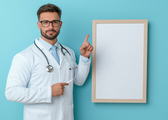 Confident Male Doctor Presenting a Blank Signboard for Medical Advertisement