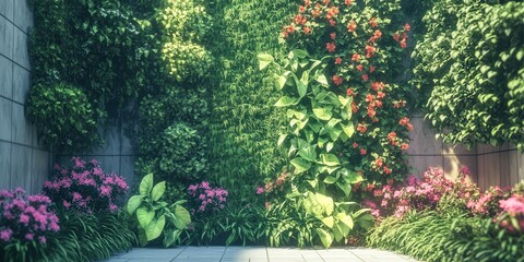 Fototapeta premium vertical garden with lush foliage, including colorful flowers and climbing plants, growing effortlessly on a well-designed wall structure