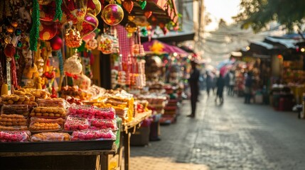 Obraz premium Vibrant Christmas Market in a Sunny City Street