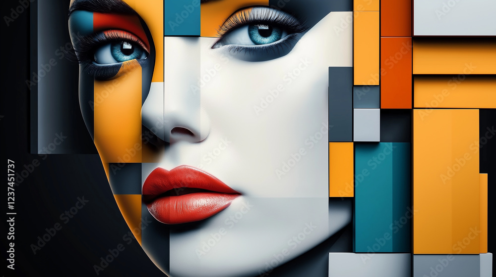 Poster model face emerging from colorful abstract geometric shapes