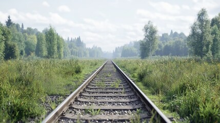 Fototapeta premium Train tracks vanishing into a misty green forest. Travel poster