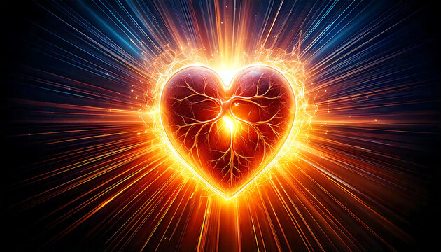 Fiery heart radiating light, energy, and passion. Perfect for concepts of love, health, power, spirituality, or technology. Stunning visual with dynamic light rays. - Powered by Adobe