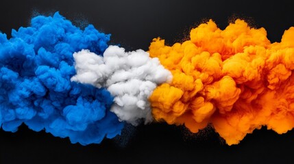 Colorful Smoke Stream: Captivating abstract composition of vibrant blue, white, and orange smoke plumes merging on a dark background, perfect for visual effects and graphic design projects.