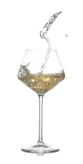 Tasty wine splashing in glass on white background