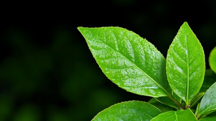 Vibrant Green Leaves: Close-up of lush, glossy green leaves, showcasing intricate details against a dark backdrop.