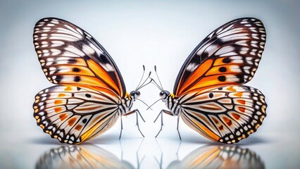 Fototapeta premium Symmetrical butterfly wings, sharply focused in macro tilt-shift photography against a clean white background.