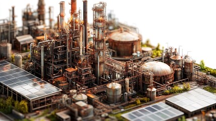 Miniature rusty refinery with solar panels, industrial landscape, environmental contrast, for articles about energy transition