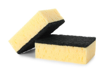 Two yellow sponges isolated on white. Cleaning supply
