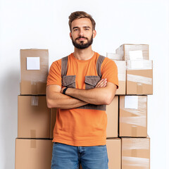 Confident Manual Worker Standing Near Cardboard Boxes with Arms Crossed