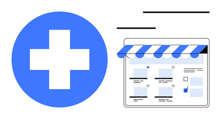 Obraz premium Blue medical cross next to a storefront website layout, with a blue and white awning. Ideal for online pharmacy, digital health, telemedicine, e-commerce solutions, medical services, healthcare
