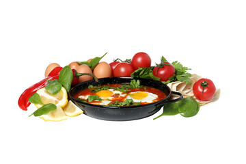 PNG, Shakshuka with fresh tomatoes and eggs, isolated on white background