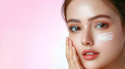 Beautiful woman applying moisturizing cream on face for skincare routine