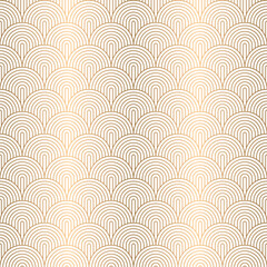 Art deco arc seamless wave pattern with gold circle arch stripe line, fish scale, repeat lattice background, vector illustration. © i_fleurs