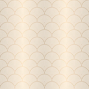 Art deco arc seamless wave pattern with gold circle arch stripe line, fish scale, repeat lattice background, vector illustration.