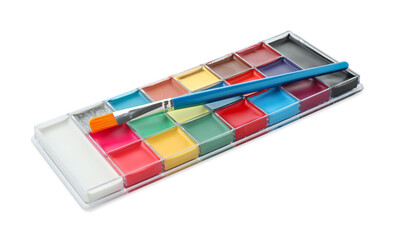 Bright face paint palette and brush isolated on white