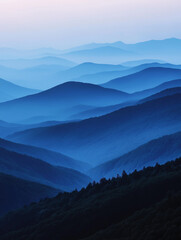 Fototapeta premium Landscape with abstract gradient of mountain peaks in blue colors, natural travel outdoor background