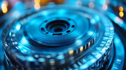 Blue Rotating Data Storage Reel Close Up