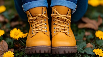 Exploring the Outdoors: A person is wearing rugged boots, ready to discover the great outdoors surrounded by the ground flowers.
